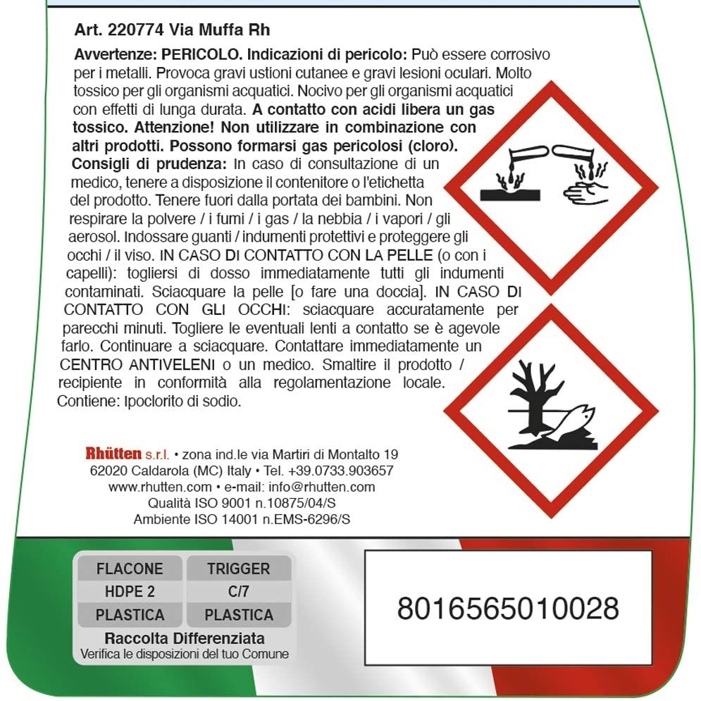 VIA MUFFA ml 750 Detergente  igienizzante cloroattivo Rhutten